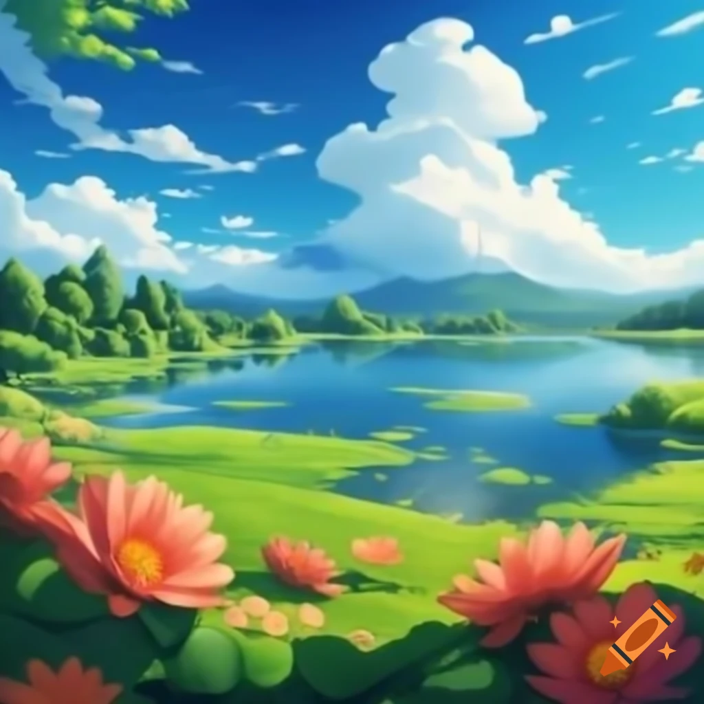 Lake surrounded by beautiful flowers and lush greenery