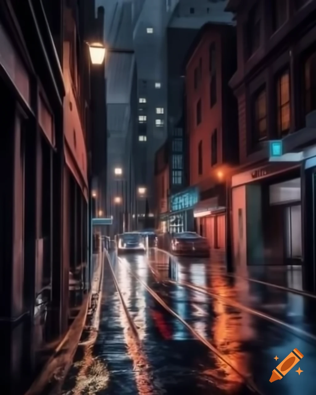 Rainy night in a city alleyway