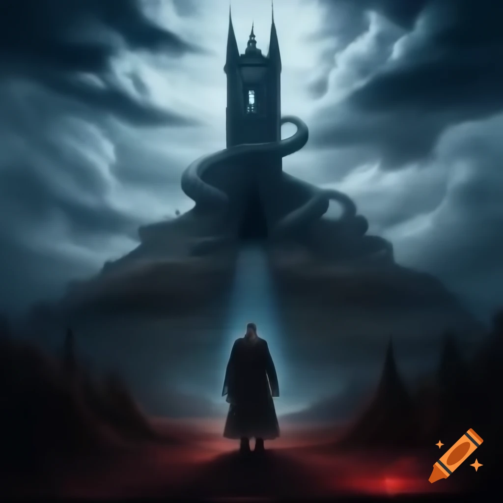 Gothic vampire tower on hill with male vampire and zombies in Dungeons and Dragons style
