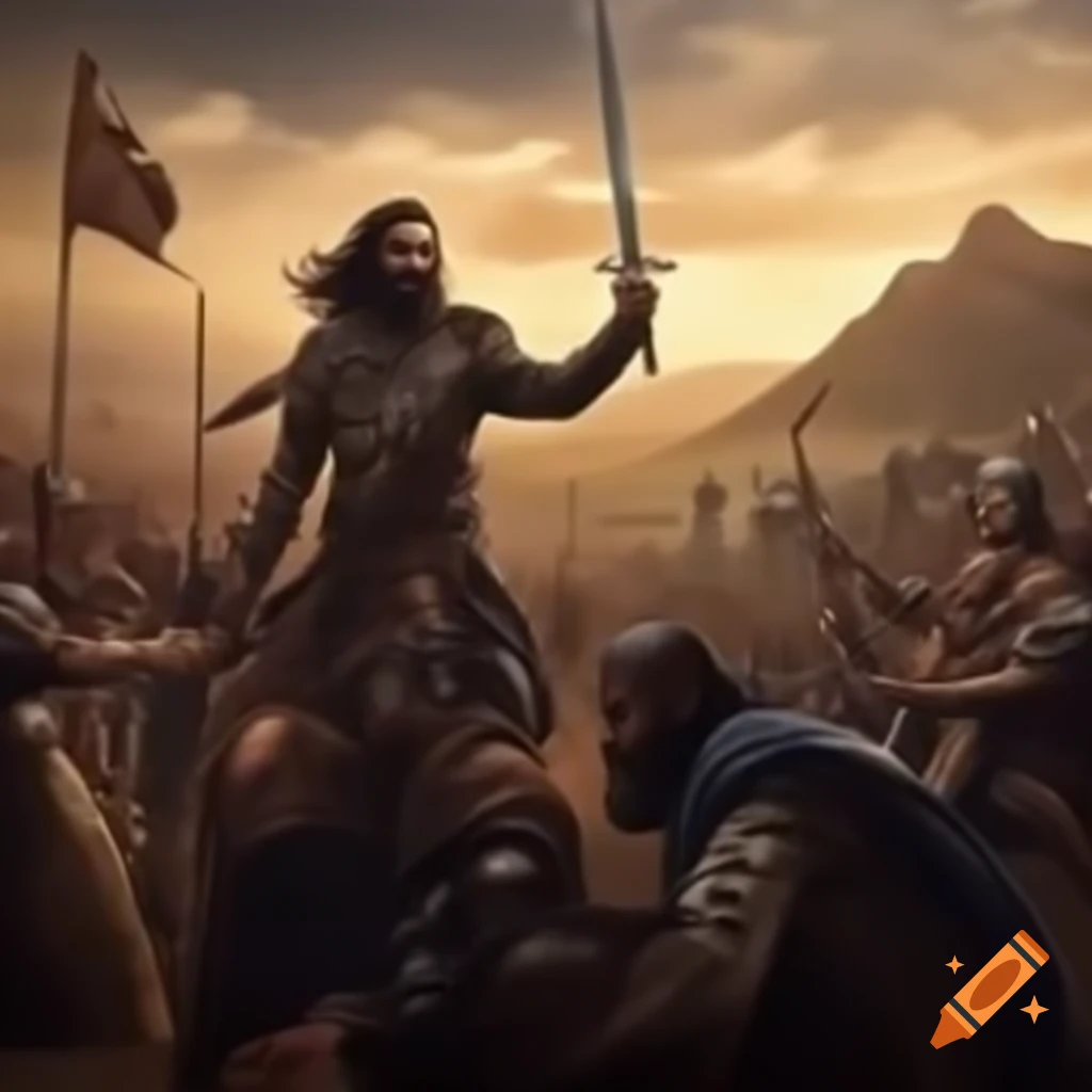 Rustam and Sohrab from Shahnameh in dramatic scene, showcasing armor and sword