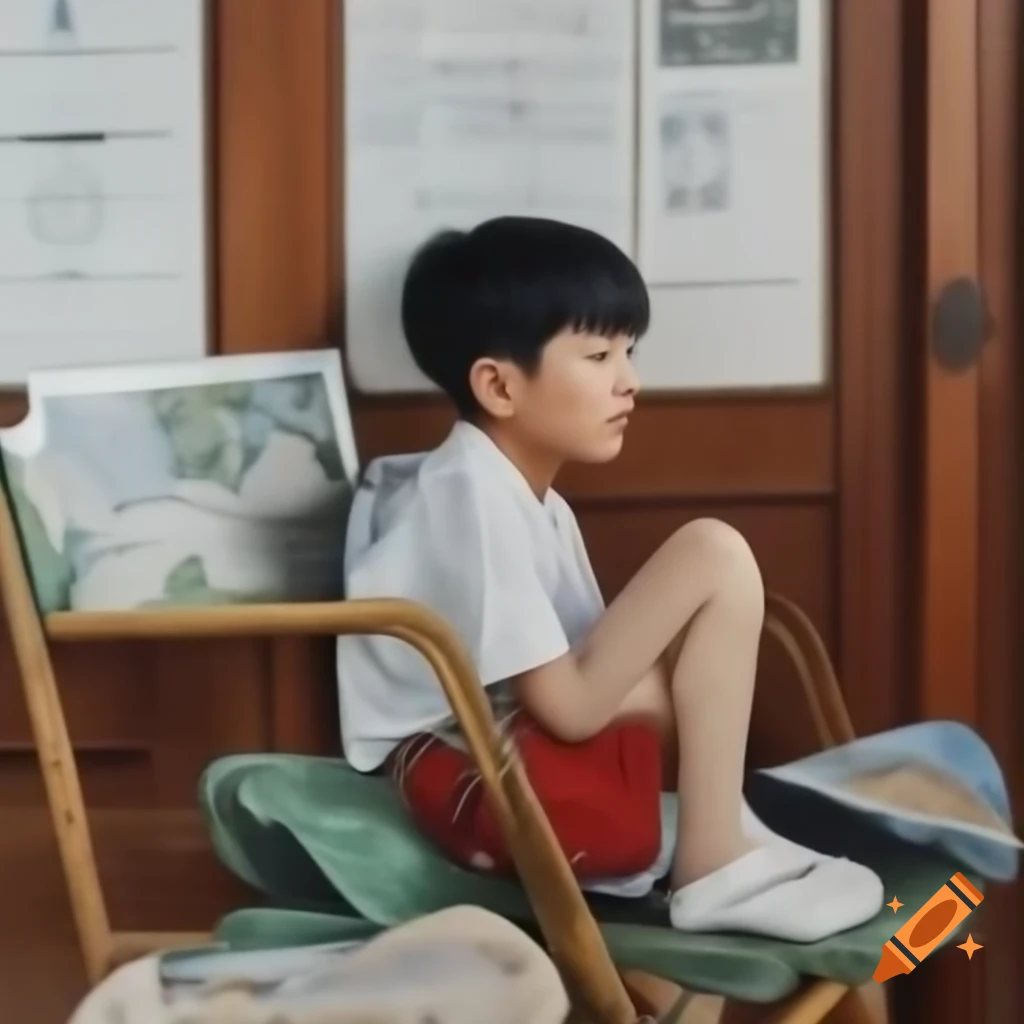 Highly realistic portrait of a sad Asian boy sitting on a chair in his house