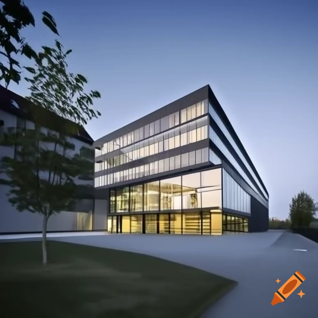 Modern building with maintenance workers, including a gardener and cleaner