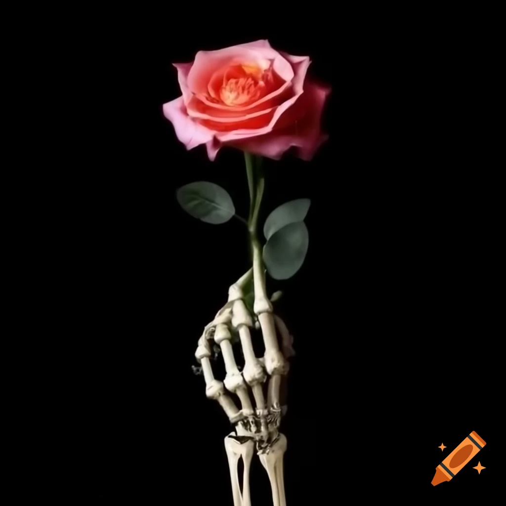Skeleton hand holding a rose