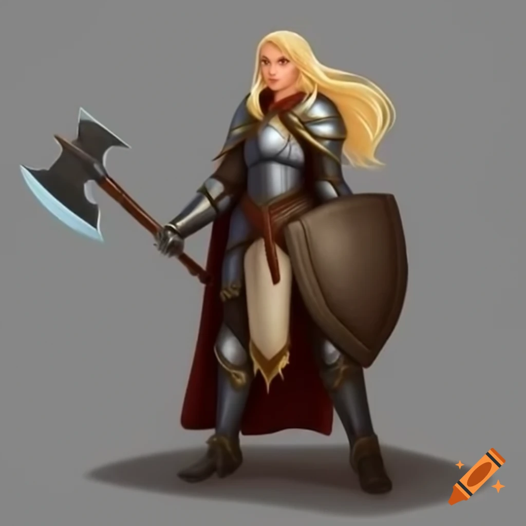 Female paladin with long braided blond hair, holding a one-handed axe and shield