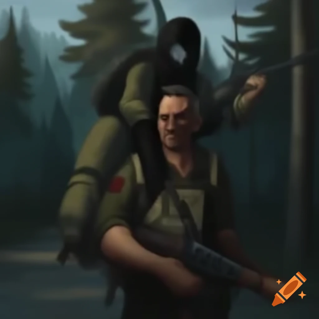 Stalker carrying friend in military uniform and gas mask through dense forest