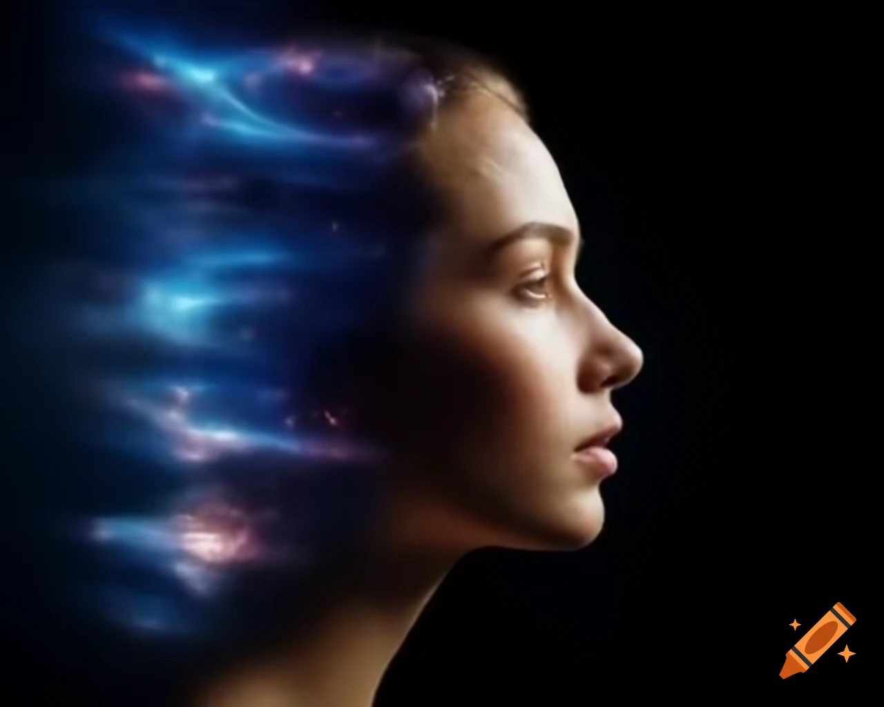Realistic profile of woman with luminous galactic hair