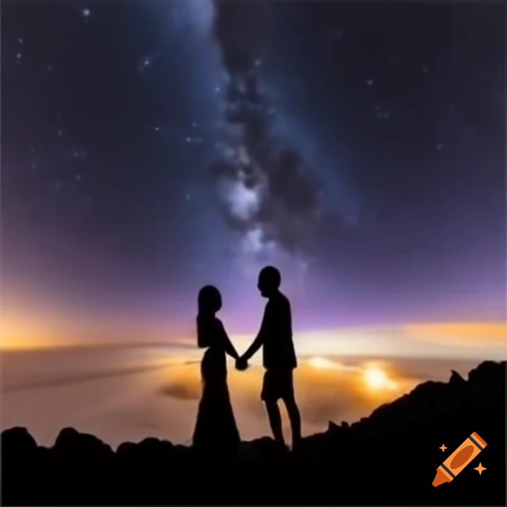 Silhouetted wedding couple stargazing with Cassiopeia constellation and volcano in Hawaii