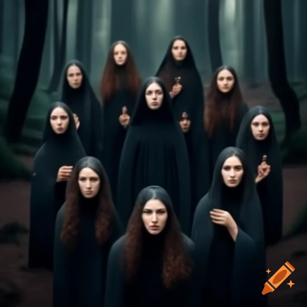 Circle of witches gathered in a dark forest