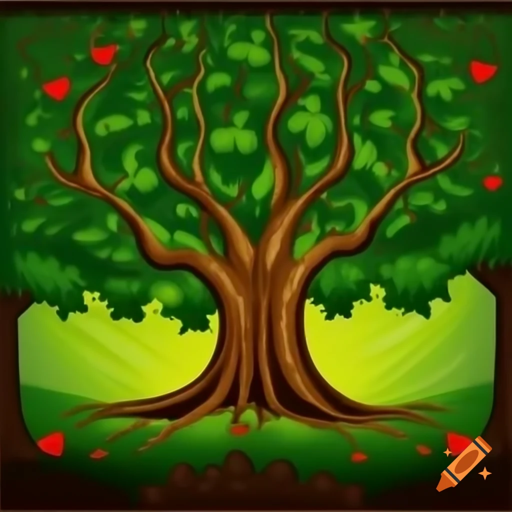 Large tree in woods with names Forrest & Brandy engraved amid heart carvings