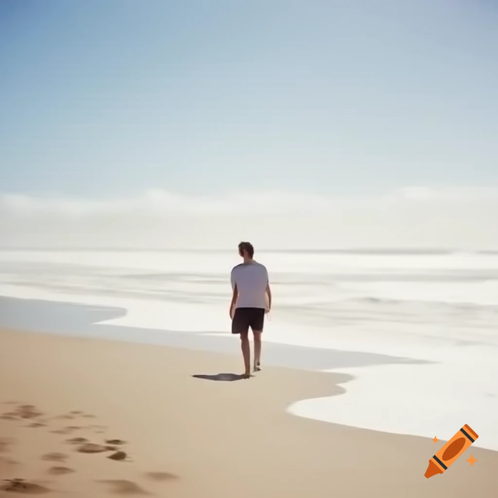Man walking on sandy beach with gentle waves and clear sky
