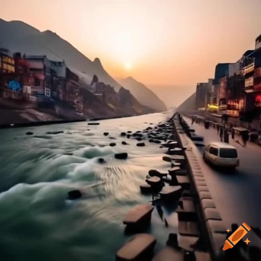 River Ganges flowing through mountains at sunset with vehicles on road