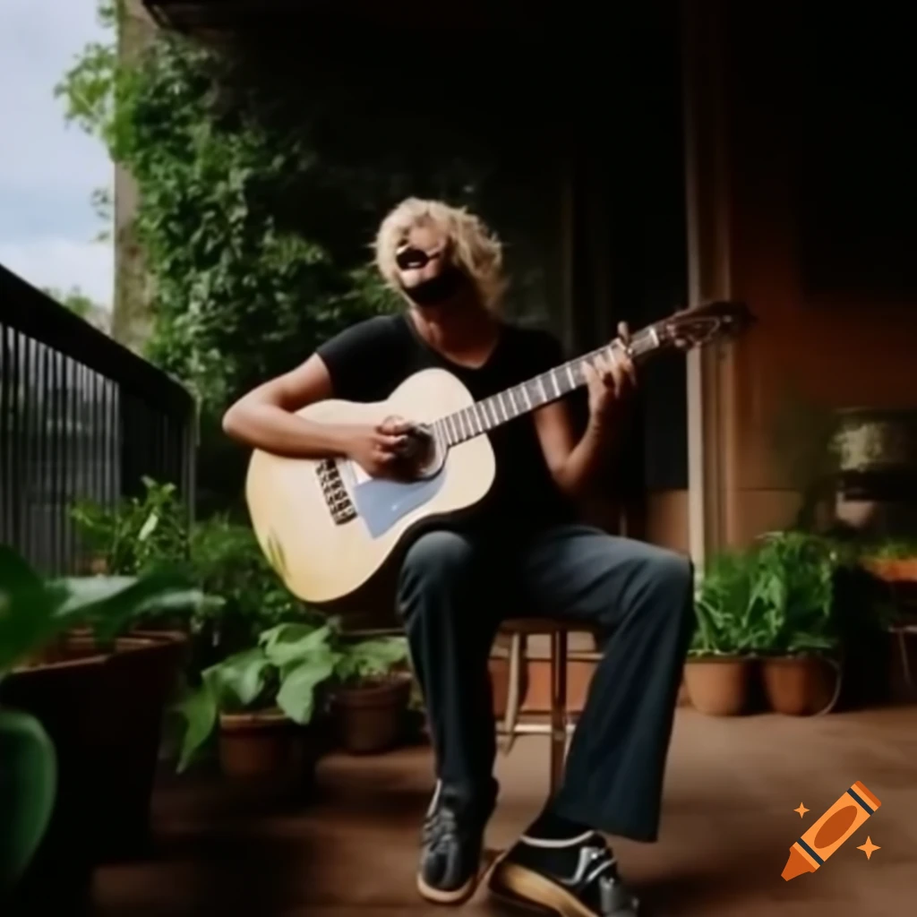 Singing guitar with a face on a patio surrounded by plants