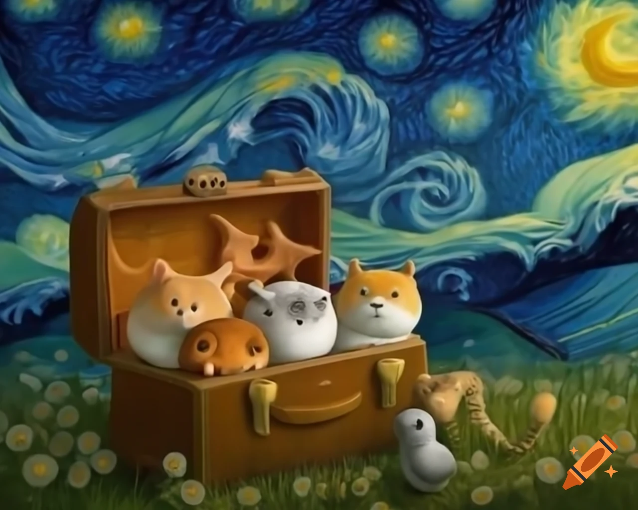 Cute animals in suitcase beneath starlit sky, Van Gogh style