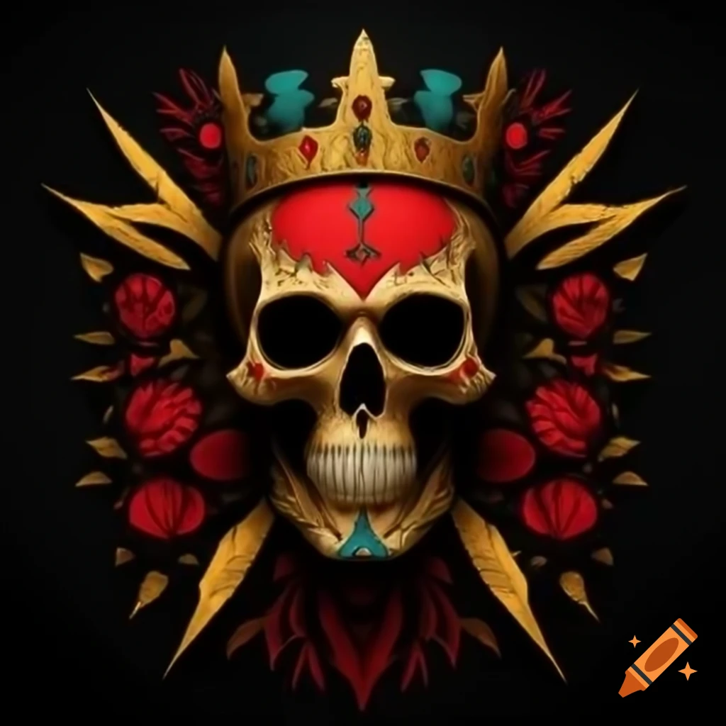 Minimalist logo featuring a skull of a dead king in red, black, and gold colors