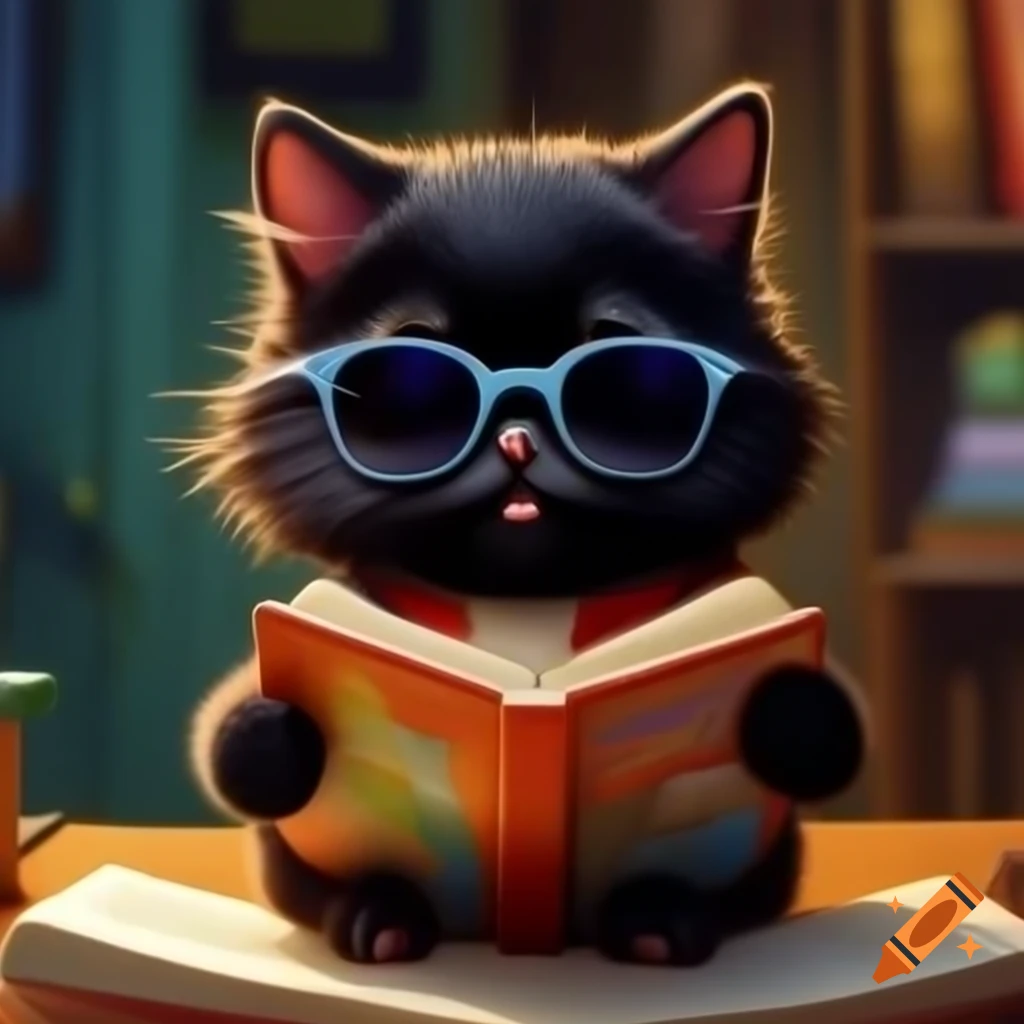 Cartoon of black cat with sunglasses reading a book