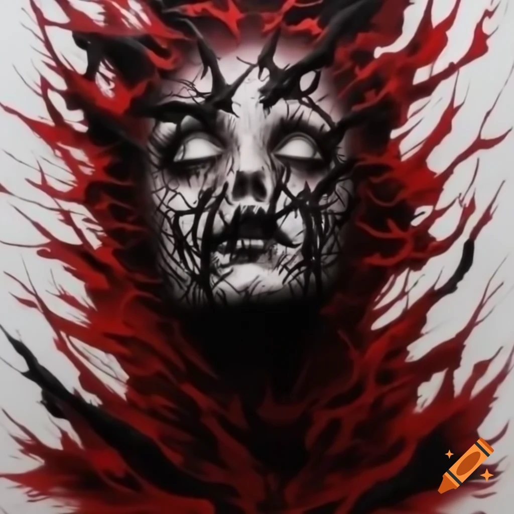 Intricate black, red, and white ink drawing of a tormented ghost expressing anxiety