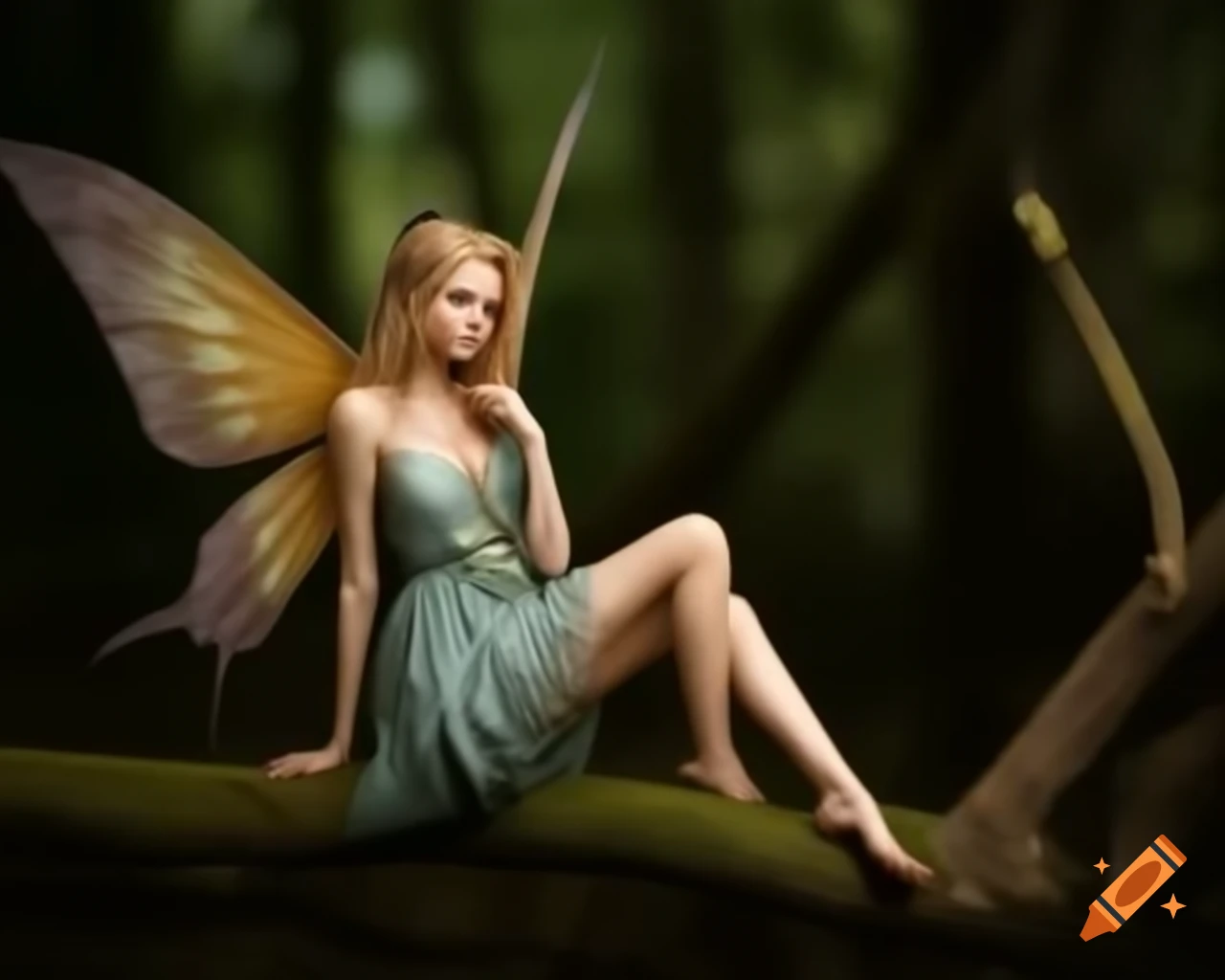 Realistic fairy sitting on branch in forest