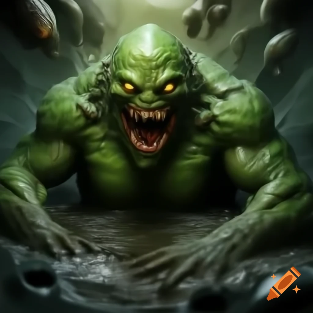 Full-body portrait of a large green monster covered in sludge, with yellow eyes and sharp teeth