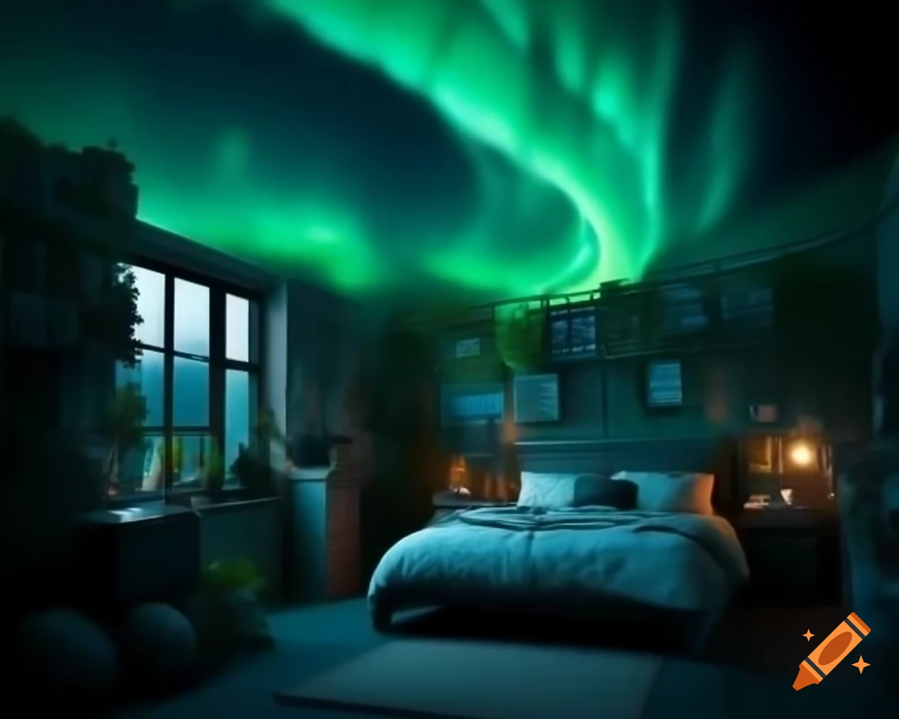 Bedroom designed with northern lights theme