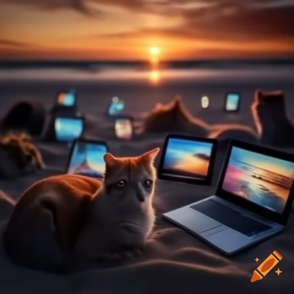 Dozen of cats using smartphones and computers on beach during golden hour