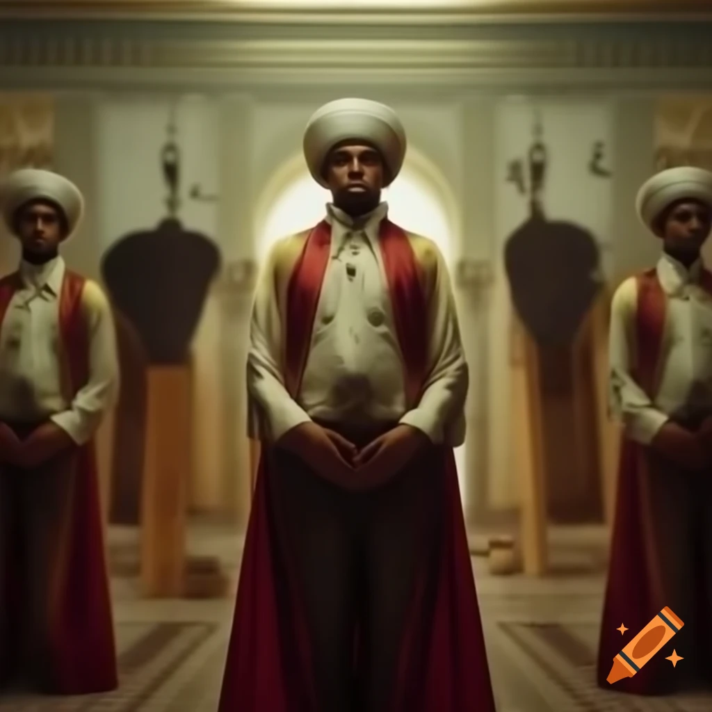 Master of the keys in a magnificent palace wearing silk, photorealistic style