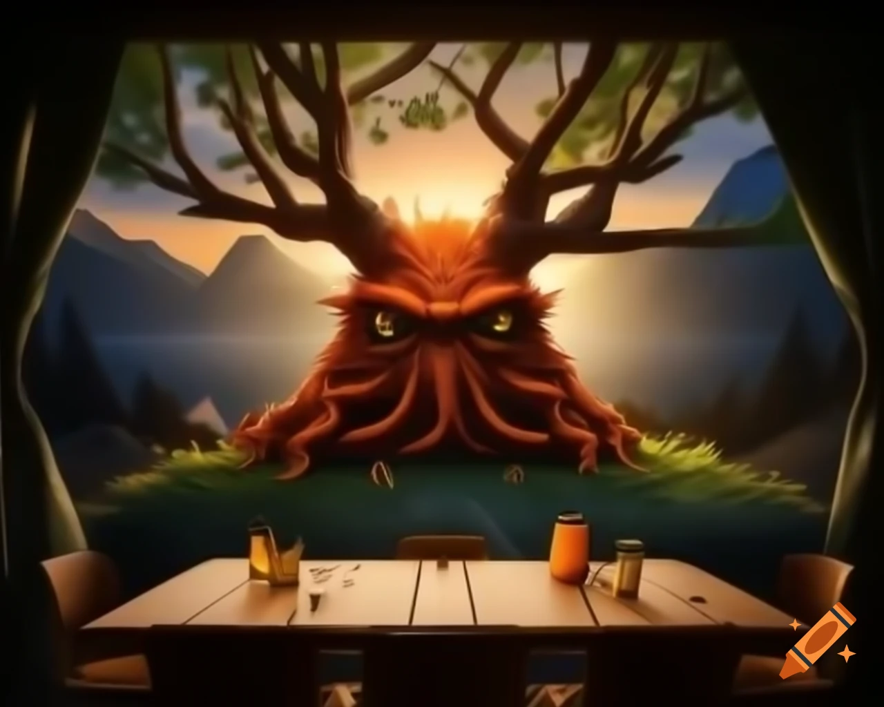 Hyper-realistic orange tree monster with human face in forest setting
