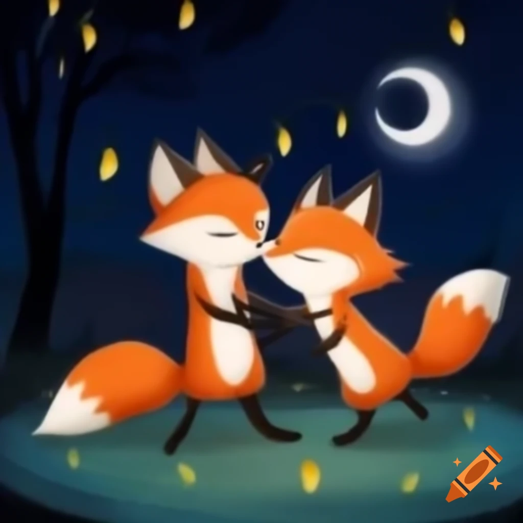Cute cartoon foxes dancing in moonlight