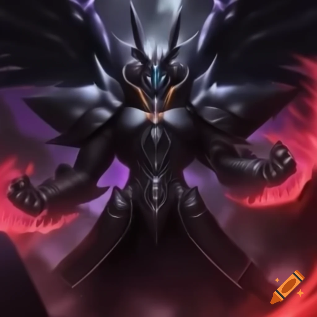 Ultimate Chaos soldier in massive black armor with dynamic pose in Yu-Gi-Oh art style