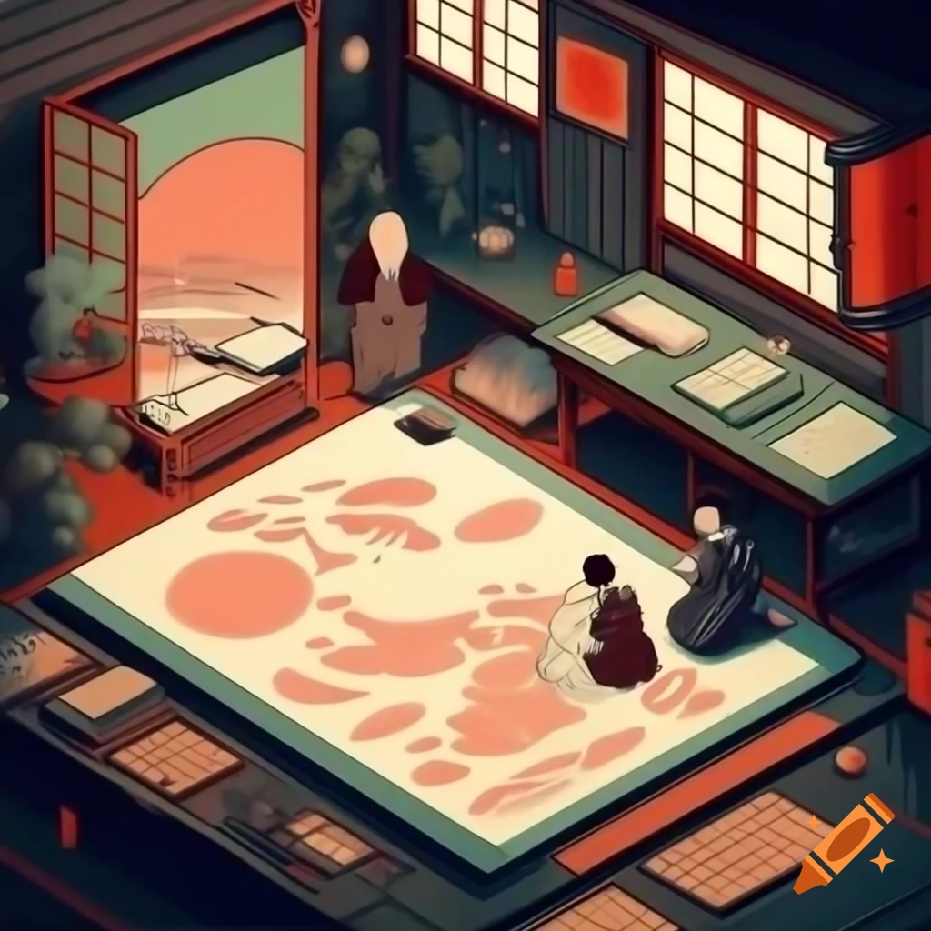 Ukiyo-e woodblock print of artist-magician painting in sunlit studio