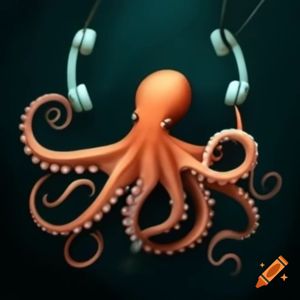 Octopus interacting with two vintage telephones simultaneously