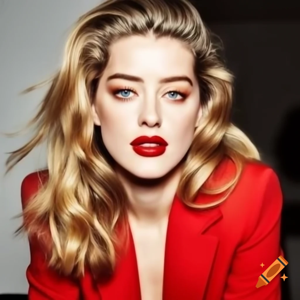 Amber Heard in red blazer with wavy blond hair, Harper's Bazaar style