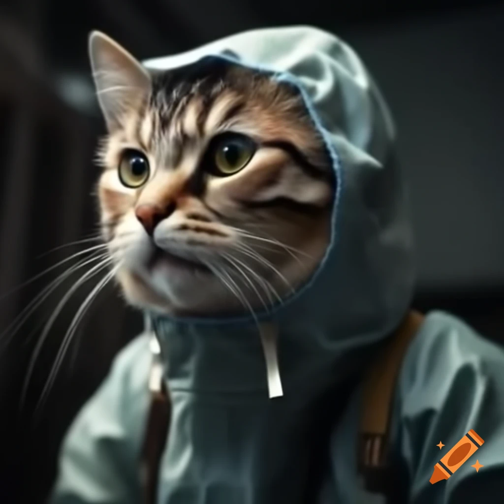 Grey and calico cat wearing a hazmat suit