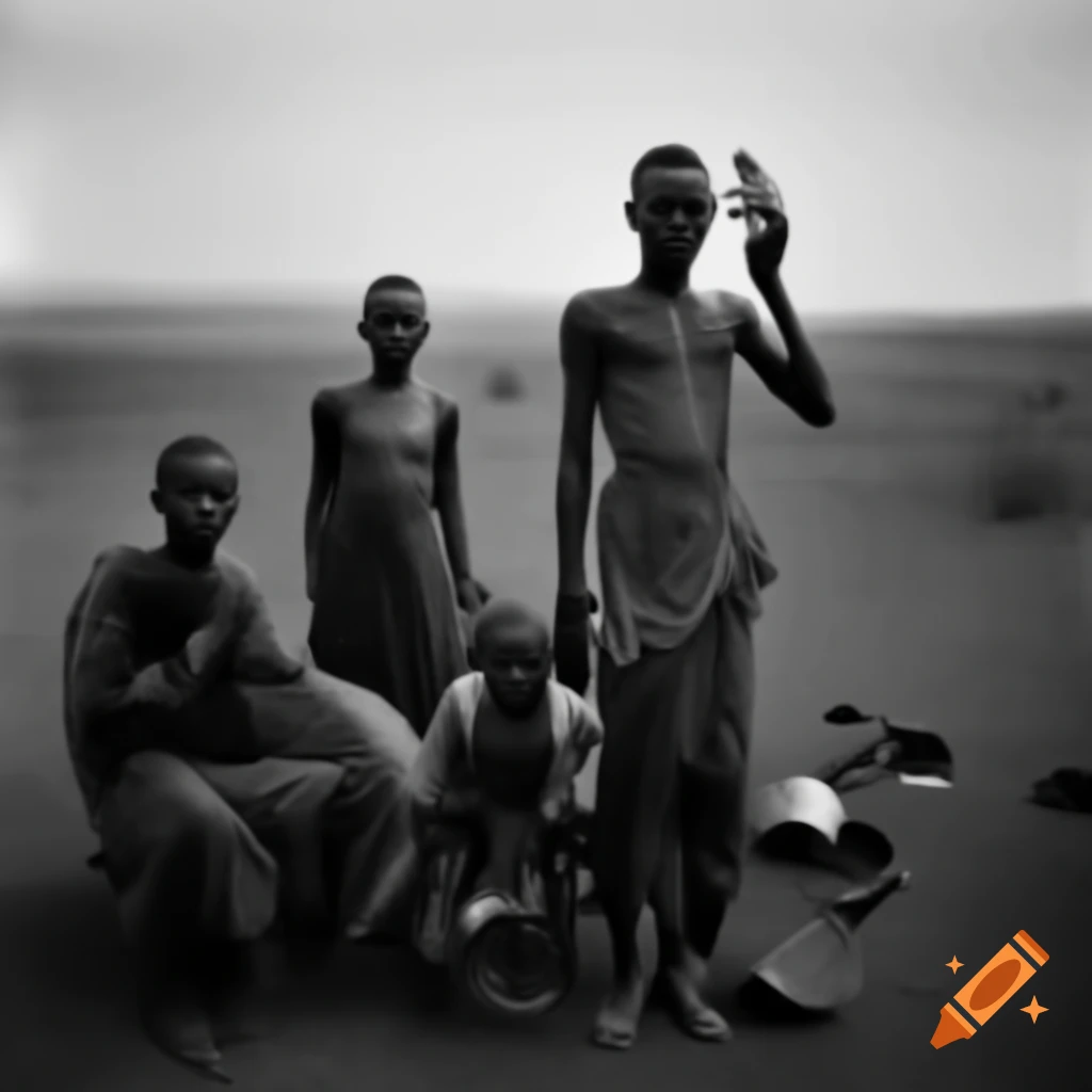 Illustration of unremarkable people with mundane objects in a plain landscape