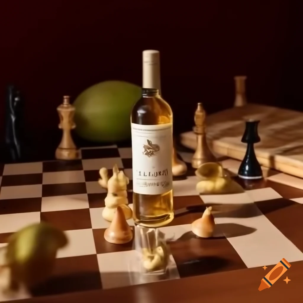 Bottle of white wine themed with chess, flavors of mango, passionfruit, and basil