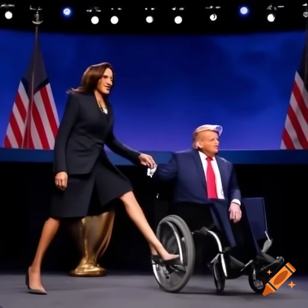 Kamala Harris in high heels pushing Donald Trump in wheelchair off stage
