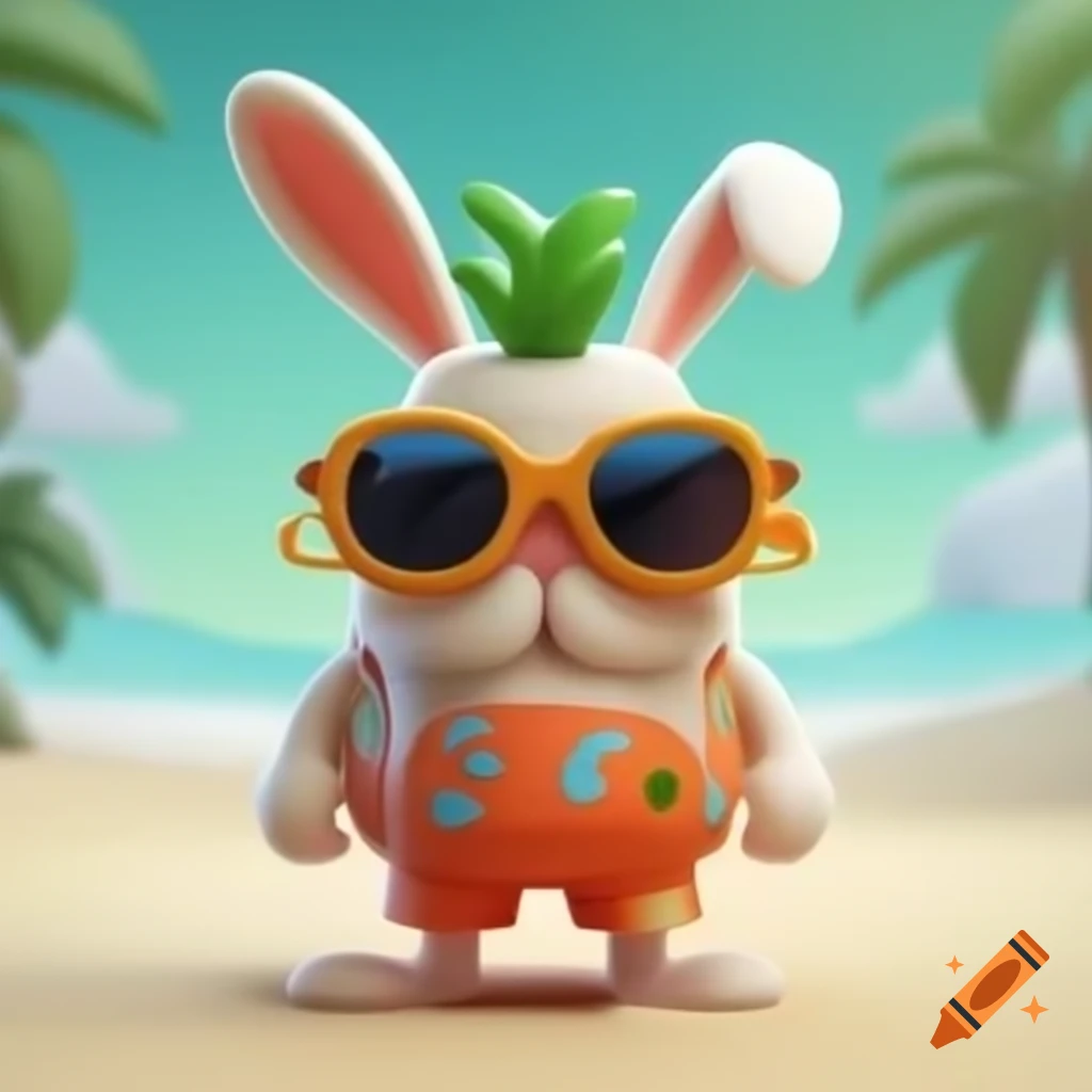 Cartoon rabbit with long ears and colorful sunglasses in bright shorts