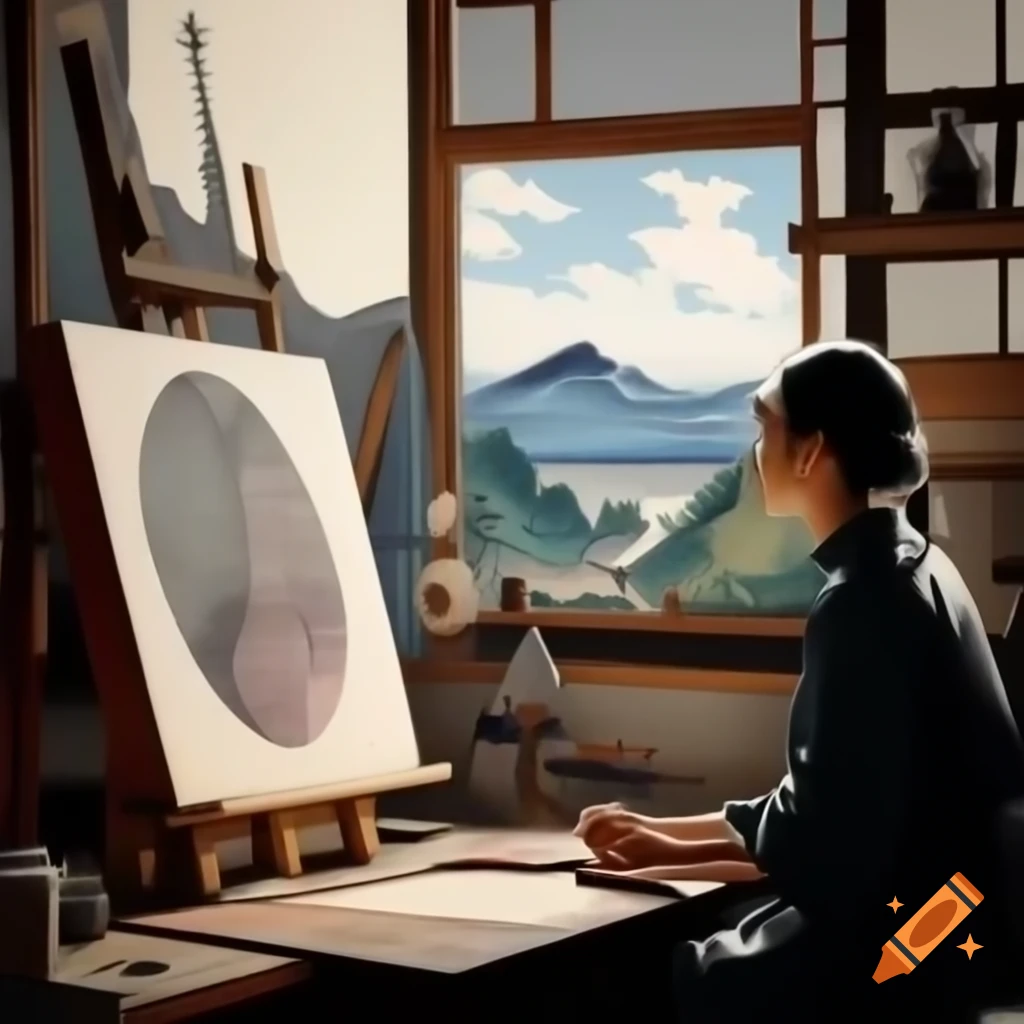 Ukiyo-e woodblock print of artist-magician painting in sunlit studio