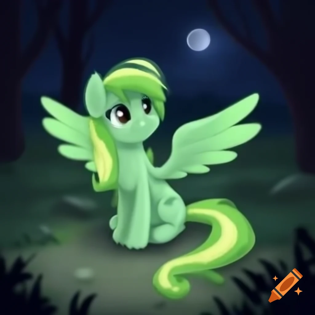 Cute green pony with aurora hair at moonlit forest edge