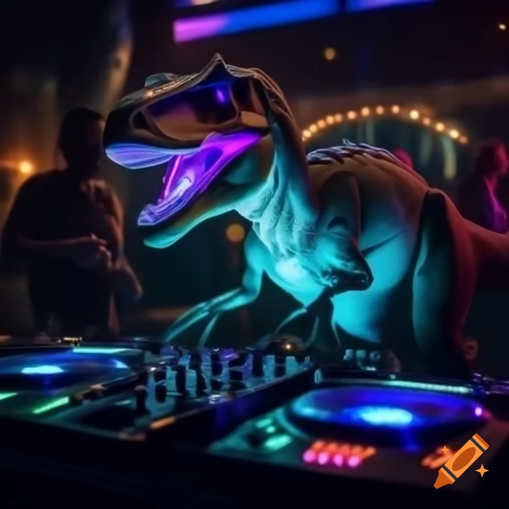 Realistic dinosaur night club scene with glow sticks and DJ