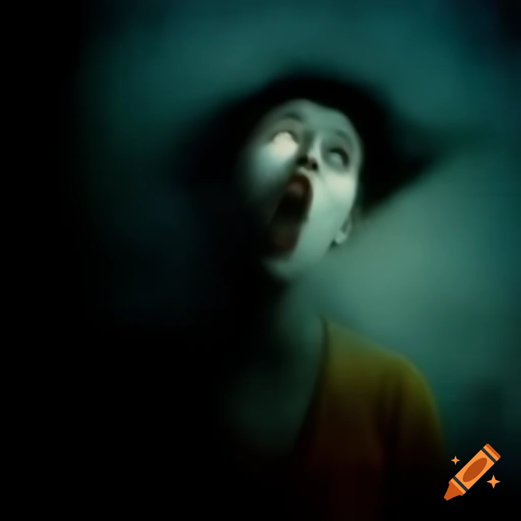 Eerie color photo of a frightened young woman from the 90s