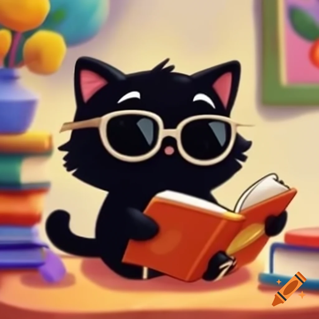 Cartoon art of black cat with sunglasses reading a book