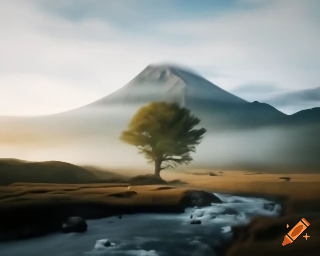 Mountain and river landscape with tree in the foreground and mist