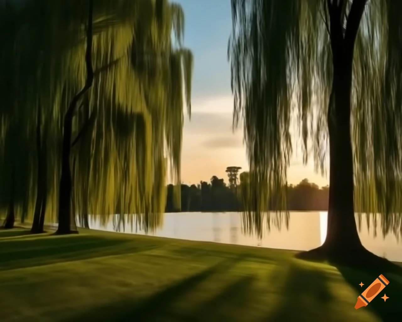 Willow trees near lake casting shadows at sunset