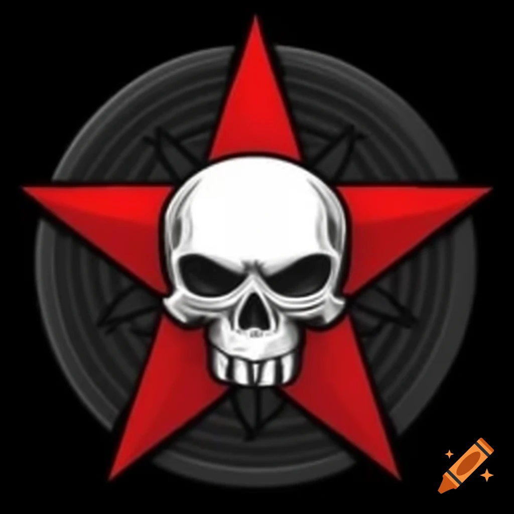Round emblem featuring white skull on red star background