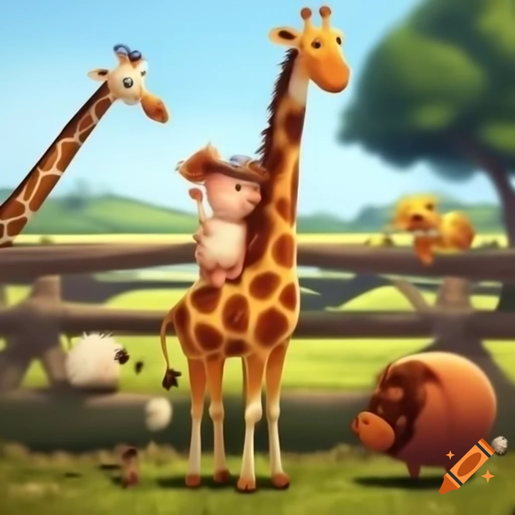 Small chick, tall giraffe, and pig interacting on a farm