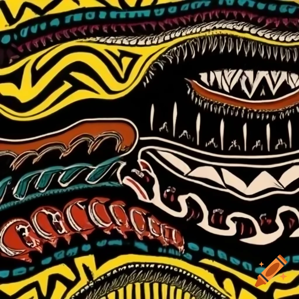 Color serigraph of native Salish motifs featuring fantasy creatures and animal-human hybrids