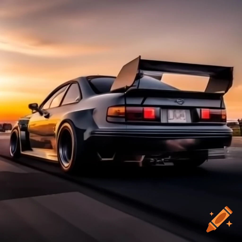 Japanese drift car with camber and tire stretch at sunset, rear view