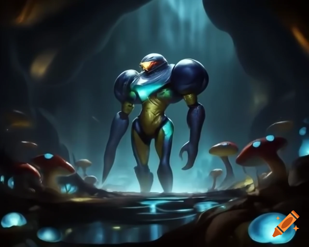 Samus from Metroid exploring cave filled with glowing mushrooms