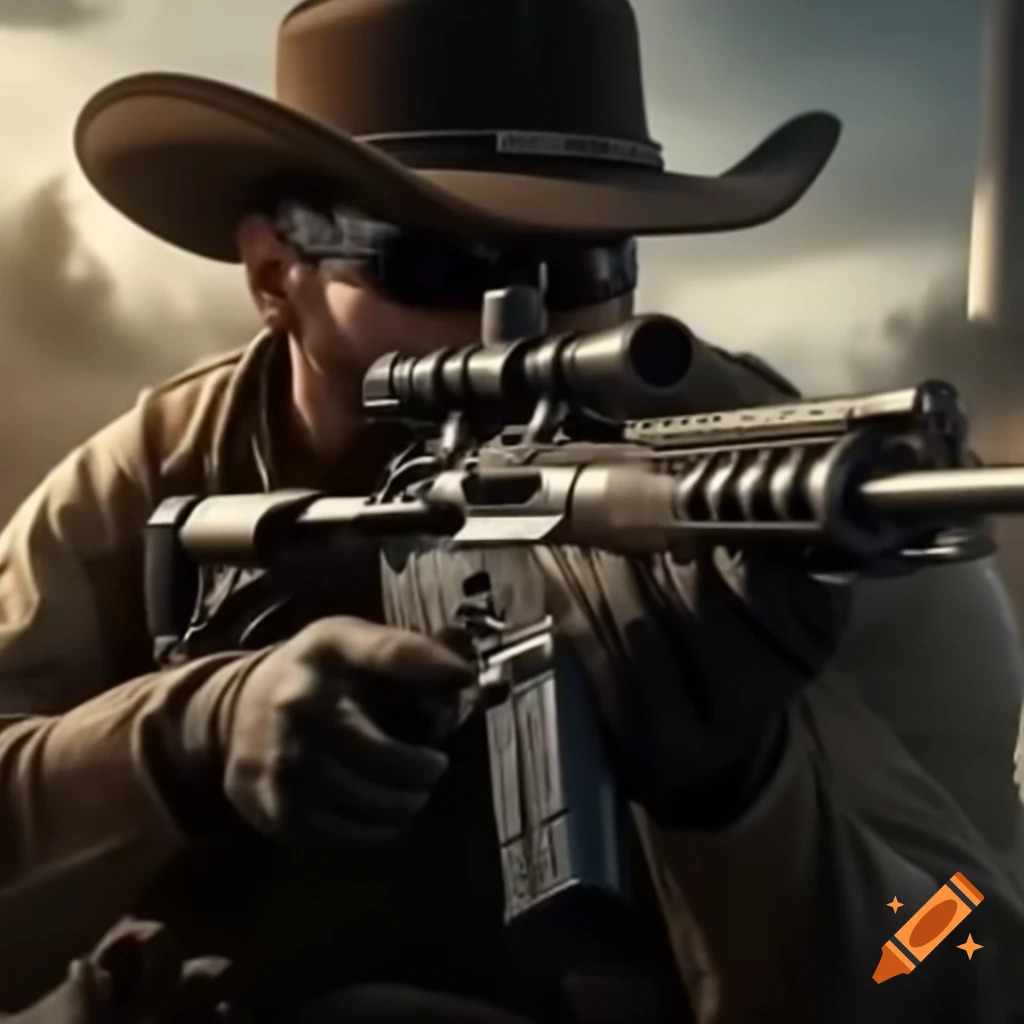 Tactical cowboy sniper in a rugged landscape