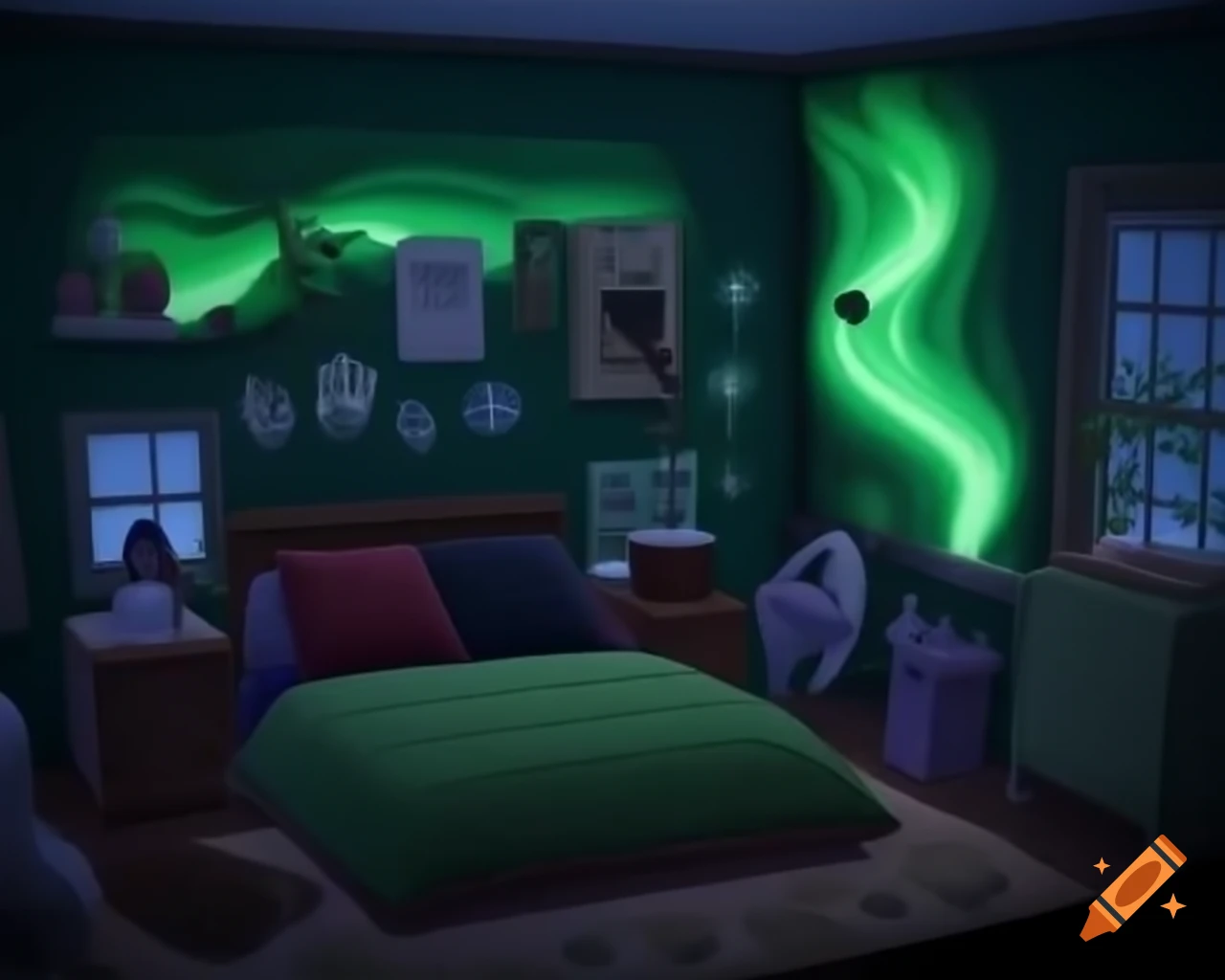 Animal Crossing bedroom decorated with northern lights theme